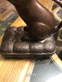 Antique Weighted Bronze Cat Bookends, Stretching Kitty's On Pillows, 5.5 Inch