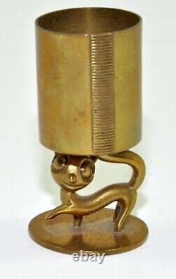 Antique Whw Hagenauer Austrian Brass Felix Cat Match Holder Figure Shot Glass Sz