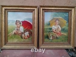 Antique Wilfred F Frost Original Young Children with Cats Oil Painting Pair X2