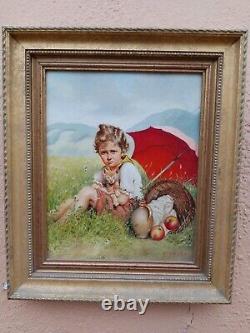 Antique Wilfred F Frost Original Young Children with Cats Oil Painting Pair X2