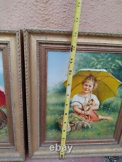 Antique Wilfred F Frost Original Young Children with Cats Oil Painting Pair X2