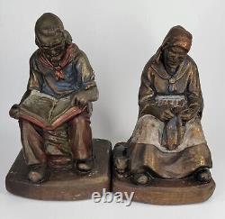 Antique pair Bronze Clad Armor Darby & Joan Bookends Old Man Lady cat dog