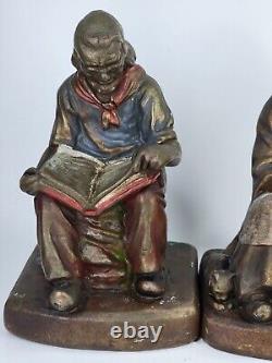 Antique pair Bronze Clad Armor Darby & Joan Bookends Old Man Lady cat dog