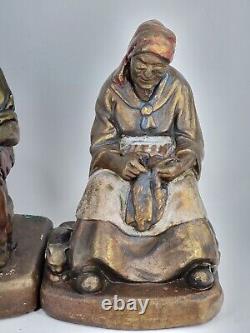 Antique pair Bronze Clad Armor Darby & Joan Bookends Old Man Lady cat dog