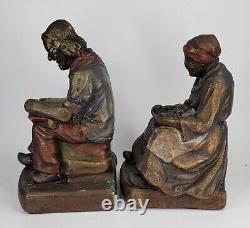 Antique pair Bronze Clad Armor Darby & Joan Bookends Old Man Lady cat dog