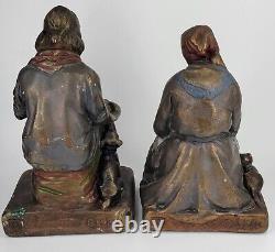 Antique pair Bronze Clad Armor Darby & Joan Bookends Old Man Lady cat dog