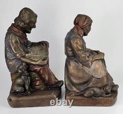 Antique pair Bronze Clad Armor Darby & Joan Bookends Old Man Lady cat dog