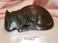 Antique vintage Sleeping CAT DOORSTOP Painted Bronze Art Deco Original c1900s