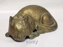 Antique vintage Sleeping CAT DOORSTOP Painted Bronze Art Deco Original c1900s