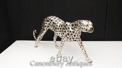 Art Deco Bronze Cheetah Cat Large Silver Plate Statue