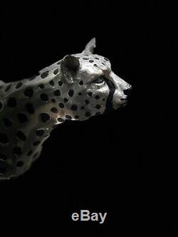 Art Deco Bronze Cheetah Cat Large Silver electroplated Statue hand finished
