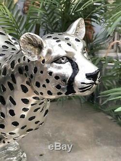 Art Deco Bronze Cheetah Cat Large Silver electroplated Statue hand finished