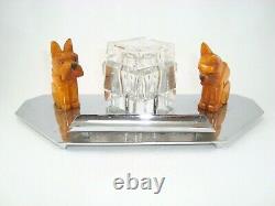 Art Deco Carved Butterscotch Bakelite Cat & Dog Chrome & Crystal Inkwell Set