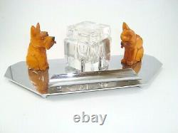 Art Deco Carved Butterscotch Bakelite Cat & Dog Chrome & Crystal Inkwell Set