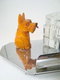 Art Deco Carved Butterscotch Bakelite Cat & Dog Chrome & Crystal Inkwell Set