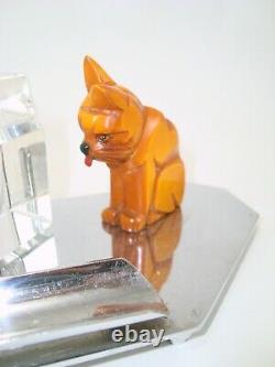 Art Deco Carved Butterscotch Bakelite Cat & Dog Chrome & Crystal Inkwell Set