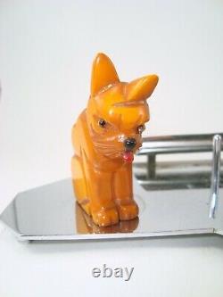 Art Deco Carved Butterscotch Bakelite Cat & Dog Chrome & Crystal Inkwell Set