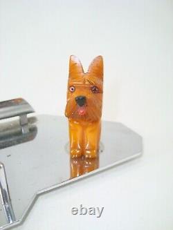 Art Deco Carved Butterscotch Bakelite Cat & Dog Chrome & Crystal Inkwell Set