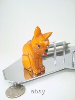 Art Deco Carved Butterscotch Bakelite Cat & Dog Chrome & Crystal Inkwell Set