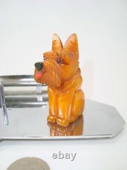 Art Deco Carved Butterscotch Bakelite Cat & Dog Chrome & Crystal Inkwell Set