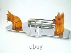 Art Deco Carved Butterscotch Bakelite Cat & Dog Chrome & Crystal Inkwell Set