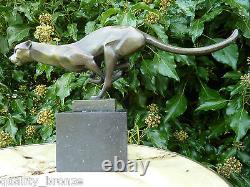 Art Deco Cat Olive Sprinting Cheetah, Pure Bronze Statue Animal Figure Sculpture