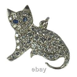 Art Deco Cat Platinum White Diamond Blue Sapphire Charm Pendant