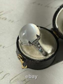 Art Deco Cat's Eye Moonstone and Diamond Ring in Platinum