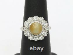Art Deco Cats Eye Chrysoberyl and Diamond Halo Platinum Ring