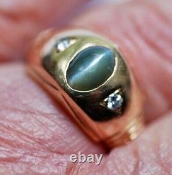 Art Deco Cats Eye & Diamond 14k Yelloiw Gold Mens Ring Sz 7.5