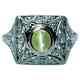 Art Deco Chrysoberyl Cats Eye Mine Cut Diamond Ring 18k White Gold Filigree