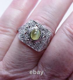 Art Deco Chrysoberyl Cats Eye Mine cut Diamond Ring 18K White Gold Filigree