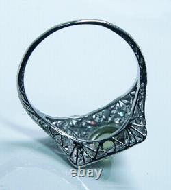 Art Deco Chrysoberyl Cats Eye Mine cut Diamond Ring 18K White Gold Filigree