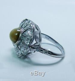 Art Deco Chrysoberyl Cats Eye old European Diamond 18K White Gold Ring Estate