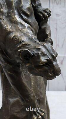 Art Deco Dark Bronze Cheetah Statue Big Cat Leopard Feline Panther Lion Decor