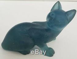 Art Deco Daum Teal Blue Pate De Verre Cat, Signed