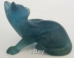 Art Deco Daum Teal Blue Pate De Verre Cat, Signed