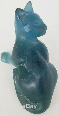 Art Deco Daum Teal Blue Pate De Verre Cat, Signed