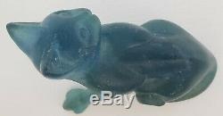 Art Deco Daum Teal Blue Pate De Verre Cat, Signed