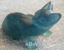 Art Deco Daum Teal Blue Pate De Verre Cat, Signed