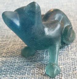 Art Deco Daum Teal Blue Pate De Verre Cat, Signed