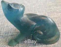 Art Deco Daum Teal Blue Pate De Verre Cat, Signed