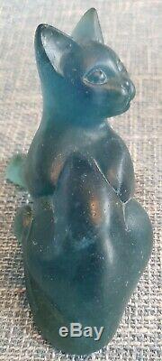 Art Deco Daum Teal Blue Pate De Verre Cat, Signed