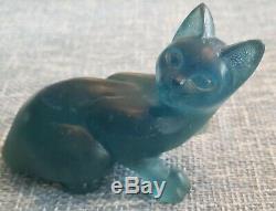 Art Deco Daum Teal Blue Pate De Verre Cat, Signed