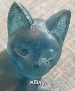 Art Deco Daum Teal Blue Pate De Verre Cat, Signed