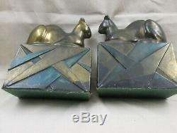 Art Deco Geometric Design Base Sphinx Looking Cats Pompeian Bronze Bookends