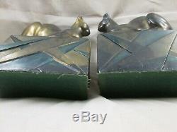 Art Deco Geometric Design Base Sphinx Looking Cats Pompeian Bronze Bookends