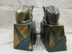 Art Deco Geometric Design Base Sphinx Looking Cats Pompeian Bronze Bookends