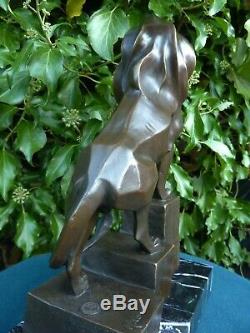 Art Deco Lion Signed Bronze Statue Figure Cubist Wild Cat Hot Cast Sculpture