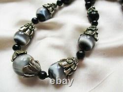 Art Deco Neiger Egyptian Revival Flower Caps Cats Eye Glass Vintage Necklace